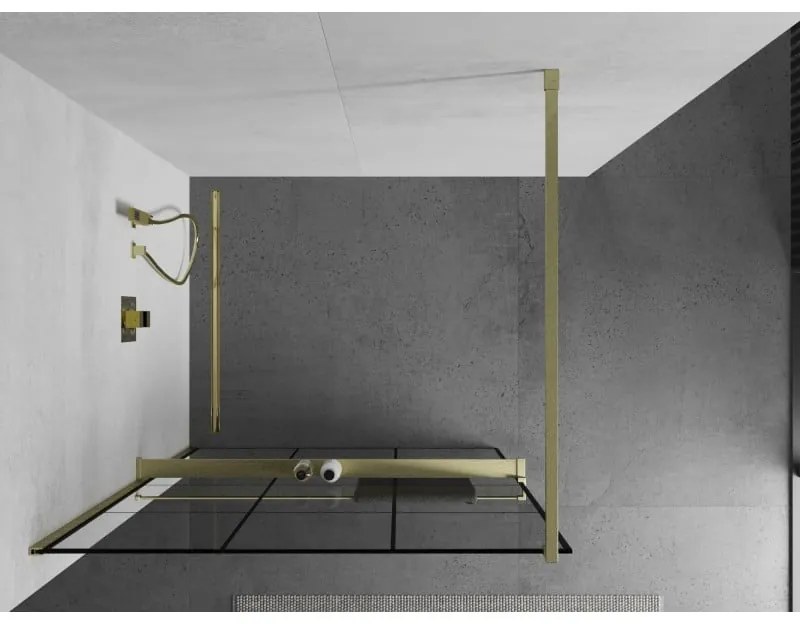 Mexen Kioto+, sprchová zástena Walk-In s poličkou a vešiakom 100 x 200 cm, 8mm číre sklo čierny vzor, zlatý matný profil, 800-100-121-55-77