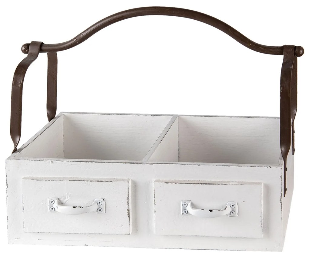 Biely drevený retro box s dvoma priehradkami a kovovým uchom - 41 * 19 * 29 cm