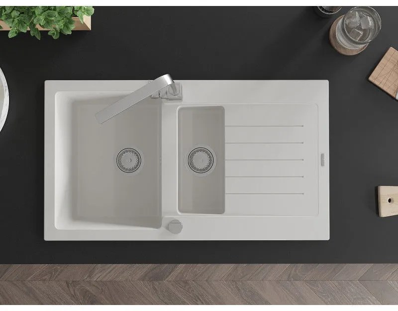 Mexen Matias, granitový drez 900x505x200 mm, 1,5-komorový a chrómová batéria Rita, biela, 6502-20-670300-00