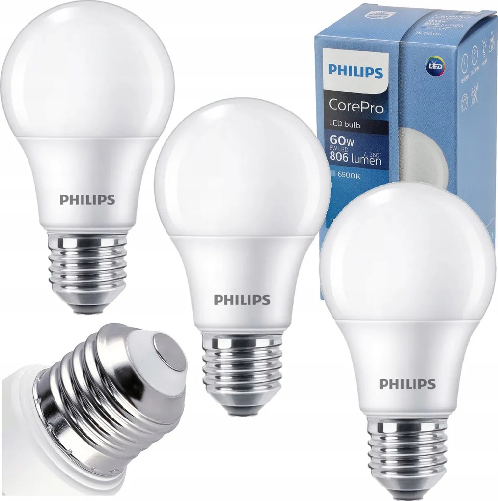 3x LED žiarovka E27 8W 806lm 100lm/w 6500k