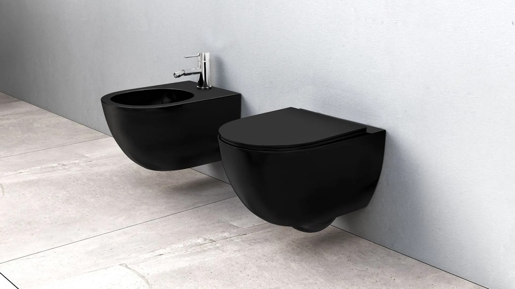 Rea Carlo Mini, závesná WC misa 495x370x355 mm + toaletné WC sedadlo, čierna matná, REA-C8489