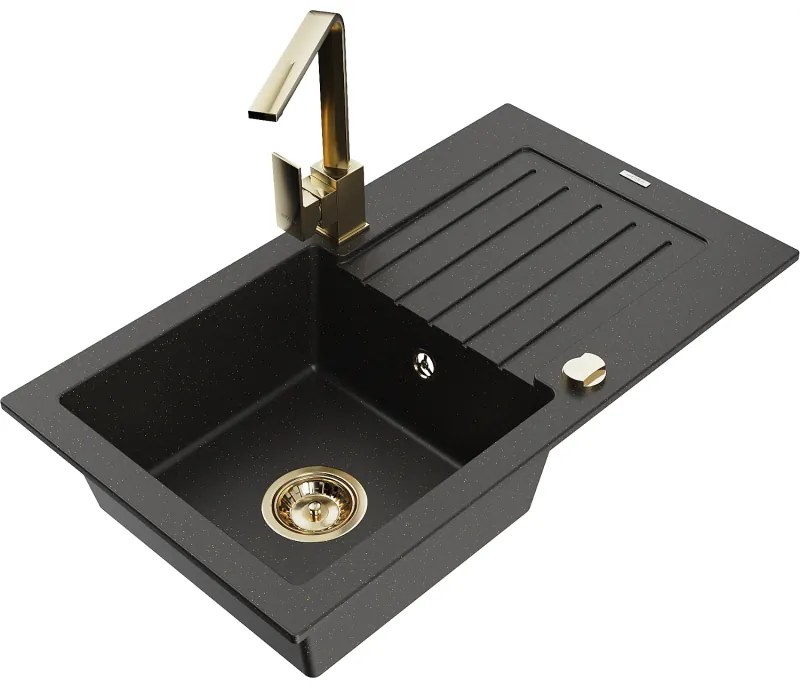 Mexen Pablo, granitový drez 752x436x161 mm, 1-komorový a zlatá batéria Rita, čierna-zlatá metalíza, 6510-75-670300-50