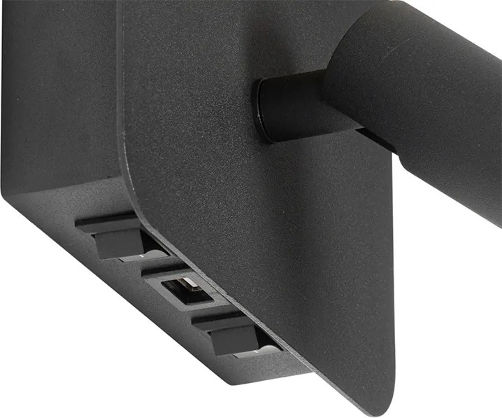 Nástenná lampa čierna vrátane LED s USB a lampou na čítanie s vypínačom - Robin