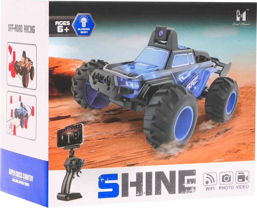 Ramiz Diaľkovo ovládané terénne auto SHINE s Wi-Fi kamerou pre deti 6+ 2,4 GHz diaľkové ovládanie + chytač telefónu + 6 pohárov + svetlá