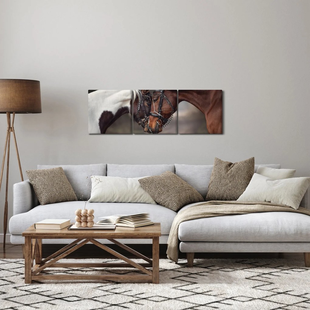Obraz - Zamilované kone (s hodinami) (90x30 cm)