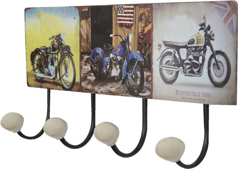 Nástenný kovový vešiak so 4-mi háčikmi Retro Moto - 40*7*18 cm