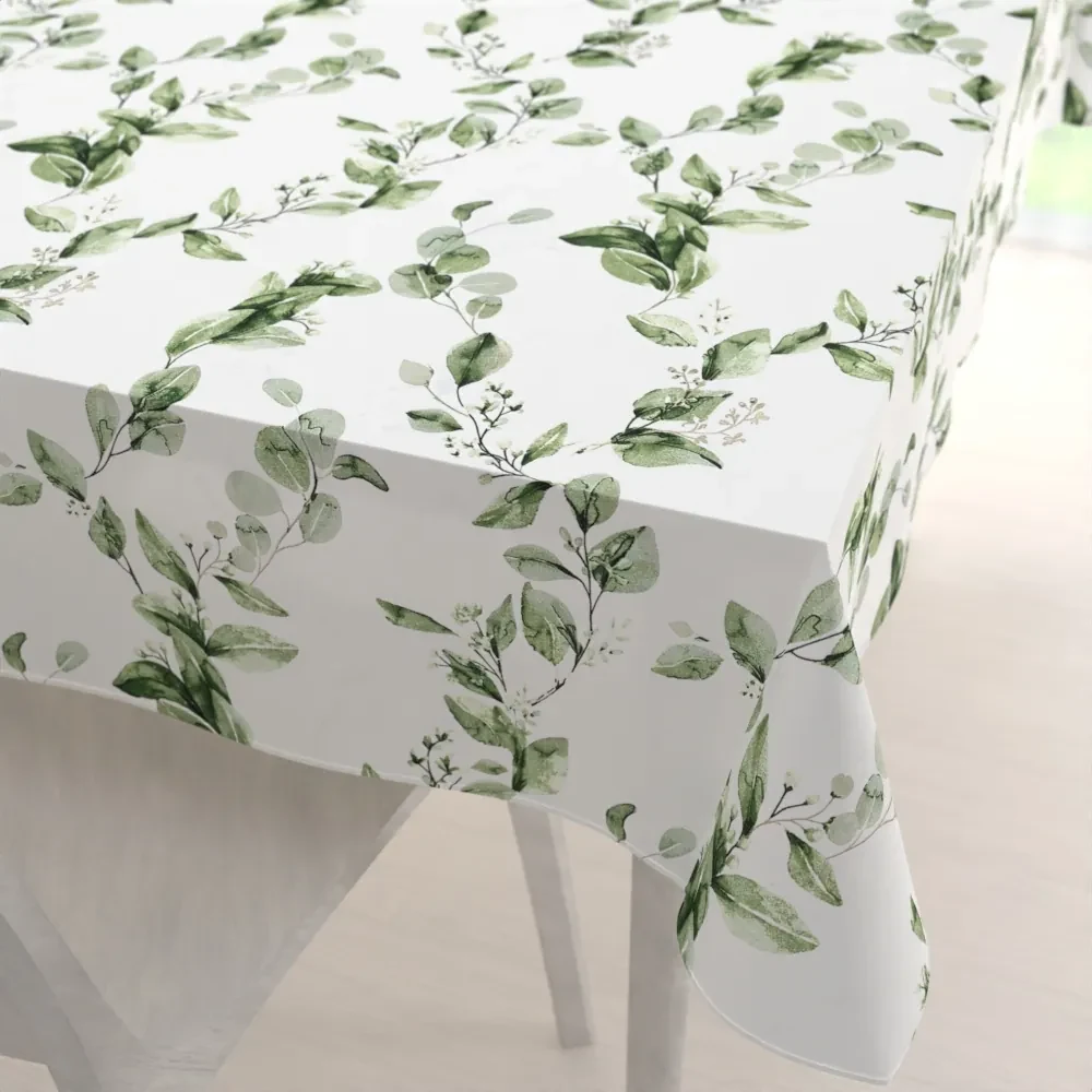 Biante Bavlnený obdĺžnikový obrus Sandra SA-422 Zelené listy na bielom 140x220 cm