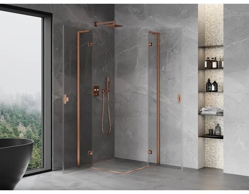 Mexen Mist-H L Duo, 2-krídlový sprchový kút 75 x 75 cm, číre sklo, medený matný profil, 8A5L-075L-075P-65-00