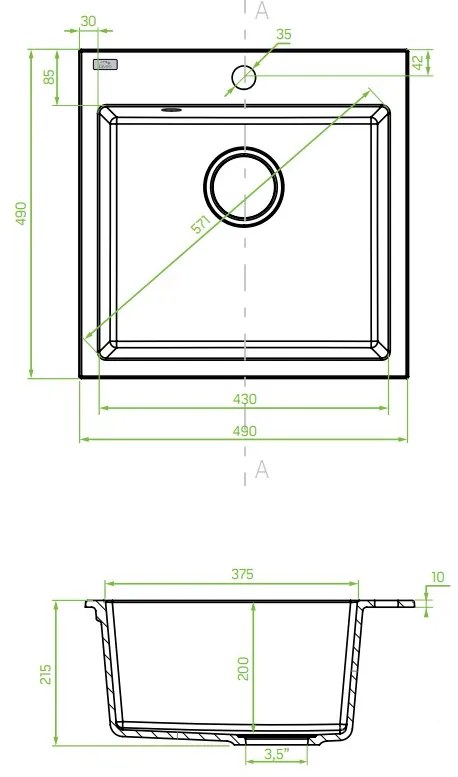 Laveo Alena, 1-komorový granitový drez 490x490x215 mm, čierna škvrnitá, LAV-SBA_710T