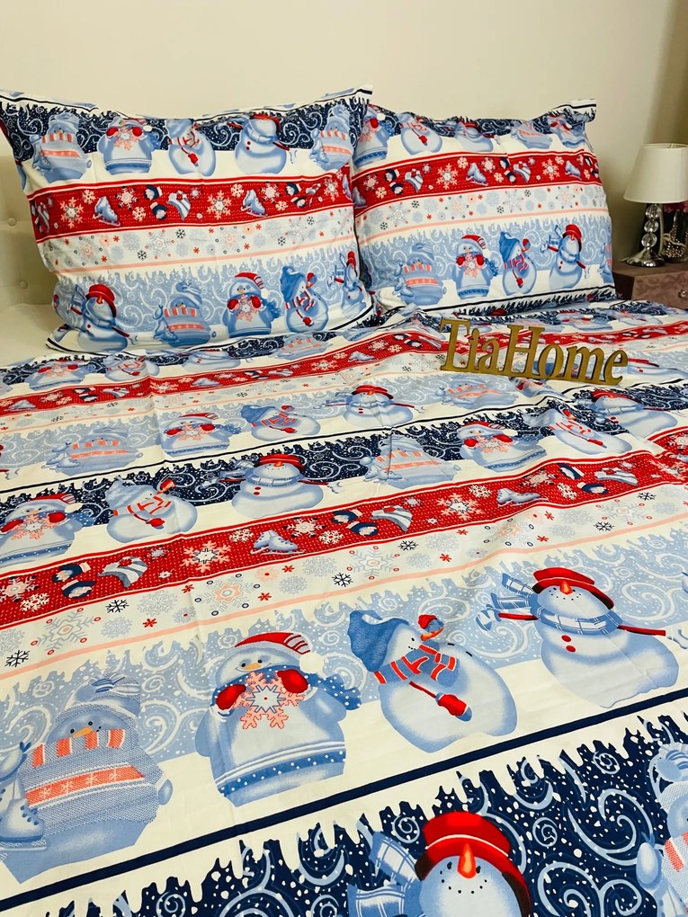 Obliečky bavlnené Vianočné Snowman modré TiaHome - 1x Vankúš 90x70cm, 1x Paplón 140x200cm