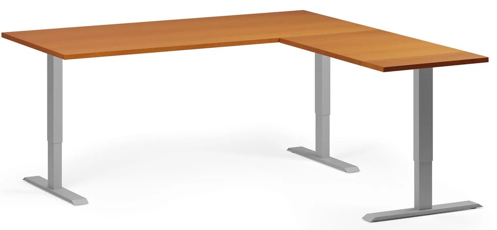 Výškovo nastaviteľný stôl, 180x180 cm, 3 motory, L/P, sivá podnož, čerešňa
