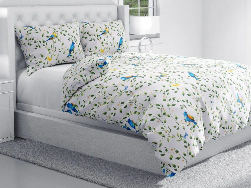 Biante Bavlnené posteľné obliečky Sandra SA-501 Modré vtáky a vetvičky na bielom Predĺžené 140x220 a 70x90 cm
