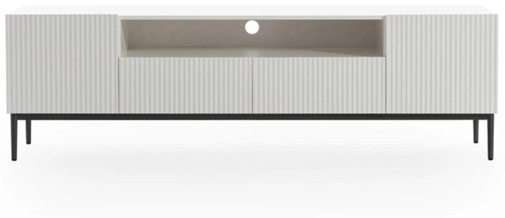 TV stolík Nicole 200 cm s otvorenou policou a zásuvkami - biely mat / čierne nohy