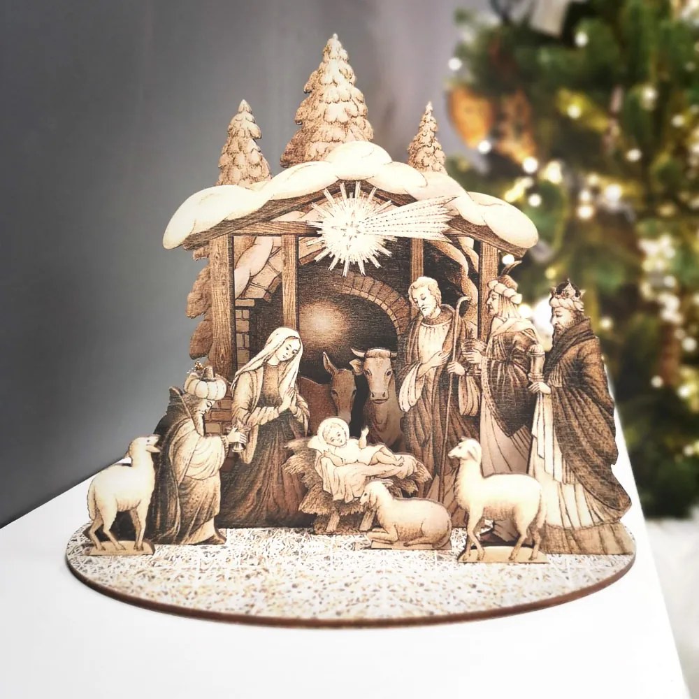 AMADEA Drevený skladací betlehem sépiový 3D 20 cm