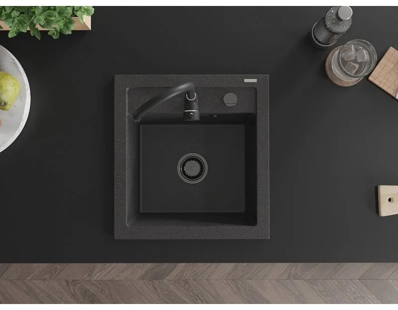 Mexen Vito, granitový drez 520x490x210 mm, 1-komorový, čierna-škvrny s čiernym sifónom, 6503521000-76-B