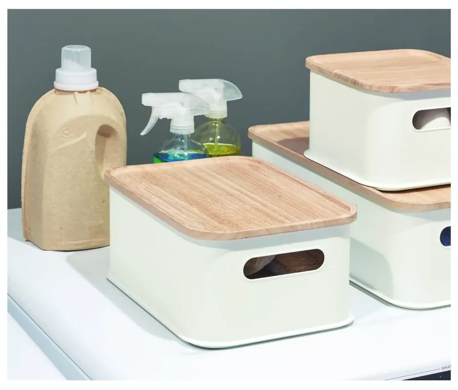 Biely úložný box s vekom z dreva paulownia iDesign Eco Handled, 21,3 x 30,2 cm