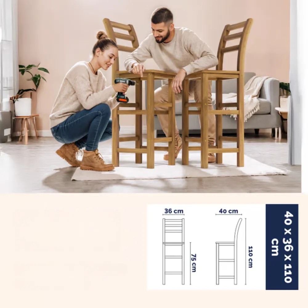 Casaria Barové stoličky OSLO s operadlami, 2ks, 40x36x110cm, prírodná hnedá