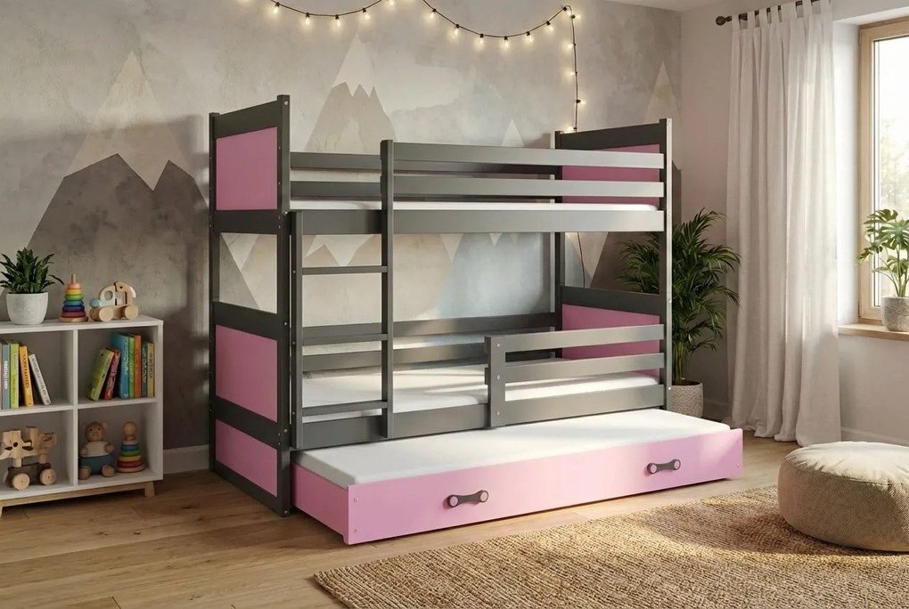 Poschodová posteľ s prístelkou RICO 3 190x90 Grafitová - Ružová