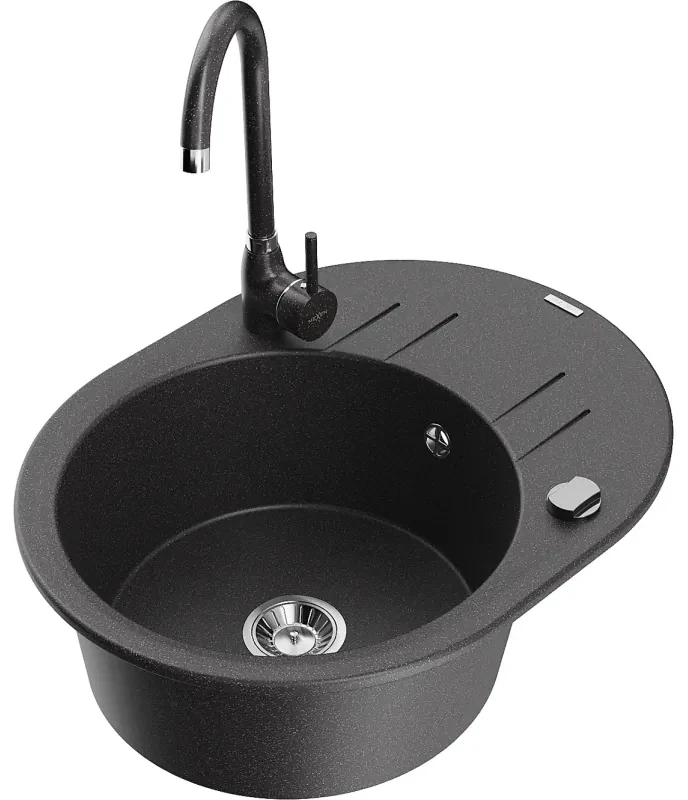 Mexen Kevin, drez granitový 586x458x190 mm, 1-komorový a čierna matná škvrnitá batéria Telma, čierna škvrnitá, 6517-76-670200-76