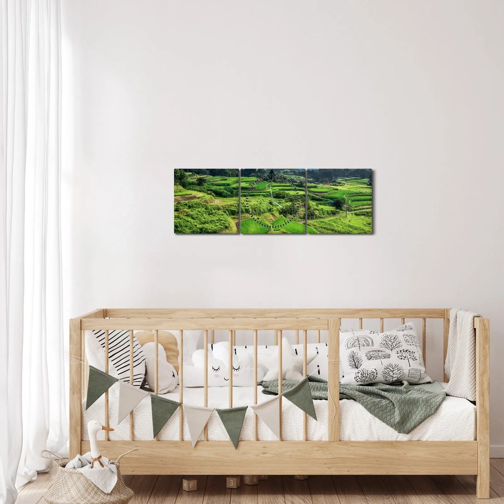 Obraz ryžových polí (s hodinami) (90x30 cm)