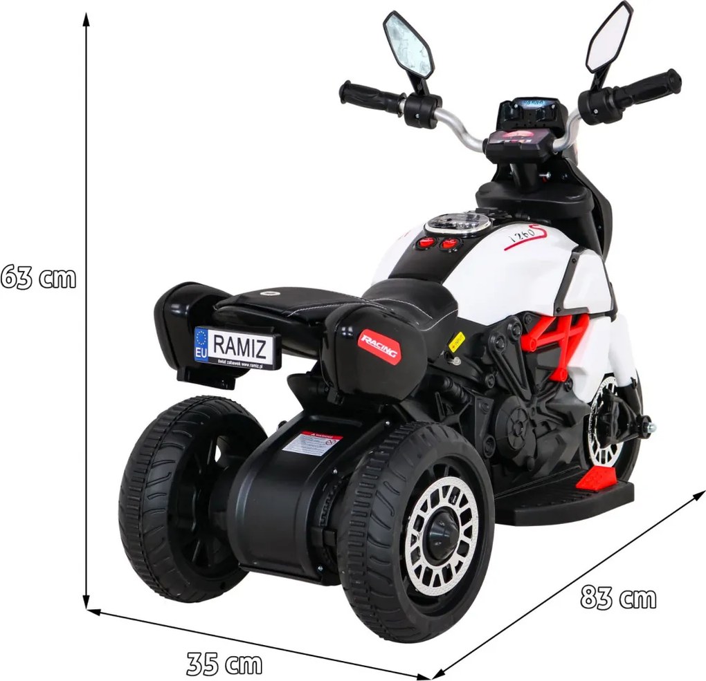 Ramiz Rýchla turistická motorka na batérie pre deti Biela + Audio + Svetlá + Eko koža