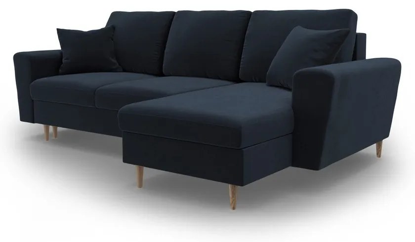 Tmavomodrá zamatová rozkladacia/s úložným priestorom rohová pohovka Kyoto – Cosmopolitan Design