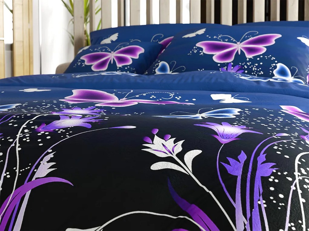 Sada mikroplyšových obliečok VIOLET BUTTERFLY tmavo modré + plachta mikroplyš SOFT 90x200 cm biela, jednolôžko