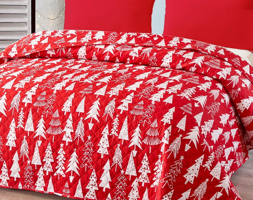 Červený prehoz na posteľ CHRISTMAS TREES Rozmer: 220 x 240 cm