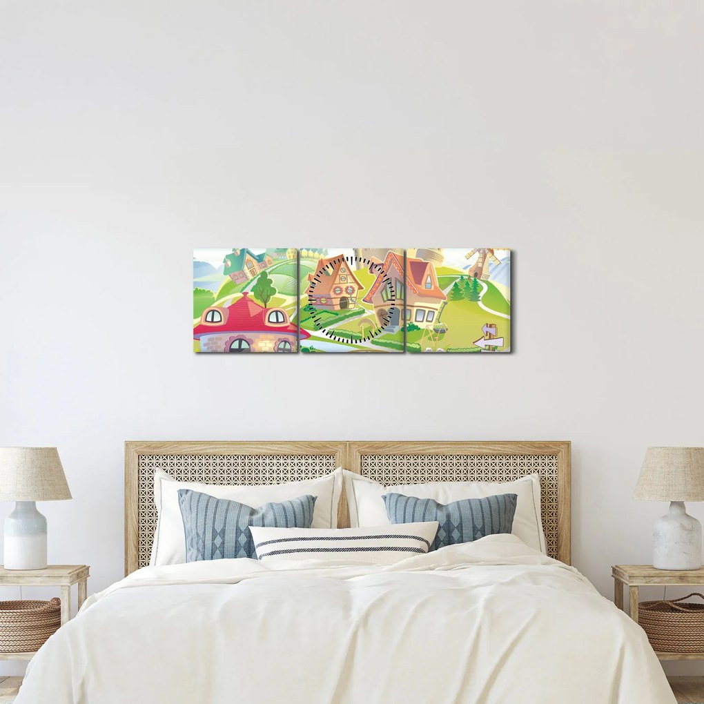Obraz - Farebné mestečko (s hodinami) (90x30 cm)