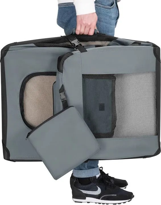Skladací prepravný box pre psov, sivý, s posteľou, veľkosť S