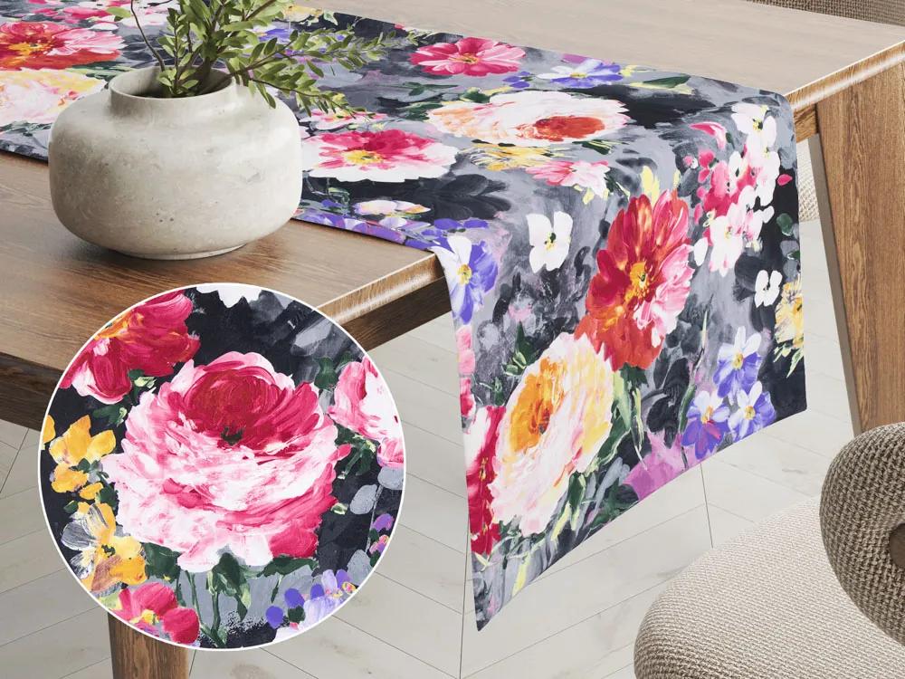 Biante Dekoračný behúň na stôl PM-020 Maľované kvety na sivom 20x160 cm