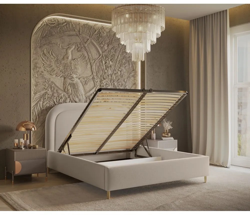 Béžová čalúnená dvojlôžková posteľ s úložným priestorom s roštom 180x200 cm Mija – Maison de Rêve