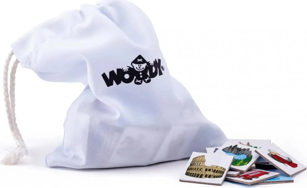 WOODY Magnetická mapa Európy s obrázkami a spoločenská hra, 3v1 v českom jazyku