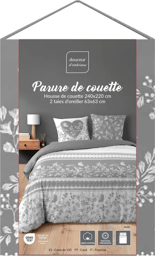 Biele/sivé 3-dielne bavlnené obliečky na dvojlôžko/predĺžené 240x220 cm Annie – douceur d'intérieur