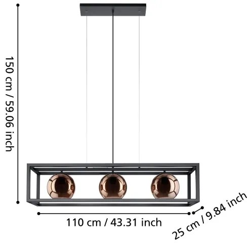 Eglo 390091 - Luster na lanku CORDOBA 3xE27/40W/230V medená/čierna