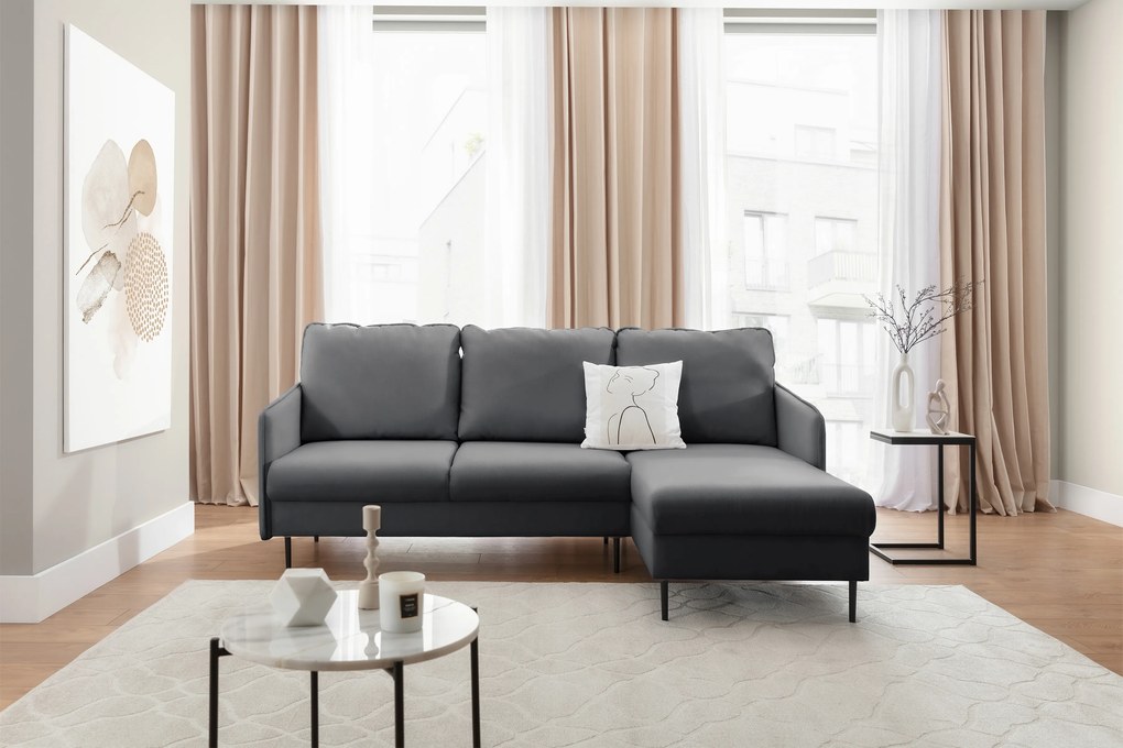 Rozkladacia rohová sedačka Taila Mini pravá - šedý zamat Velluto 18 / čierne nožičky