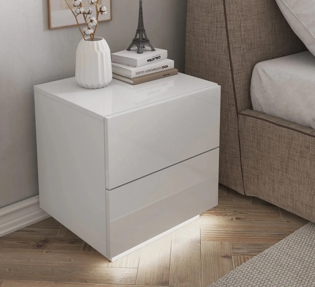 NOČNÝ STOLÍK MARION VI LED BIELY VYSOKÝ LESK BEZUCHYTKOVÝ