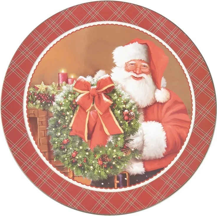 Červený károvaný plastový vianočný okrúhly podnos/tanier Santa - Ø 33*1 cm