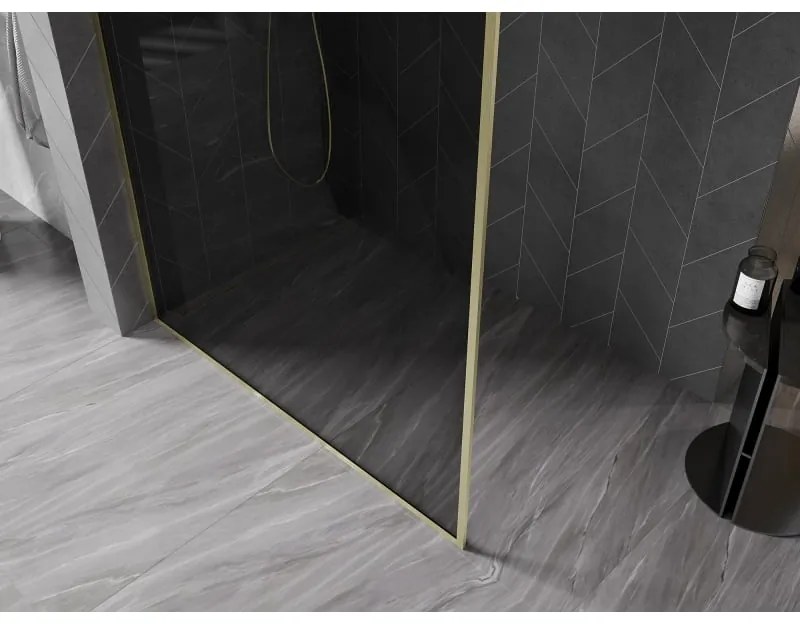 Mexen Kioto-F, sprchová zástena s rámom 130 x 202 cm, 8 mm šedé sklo, zlatý matný profil, 800-130-104-55-40