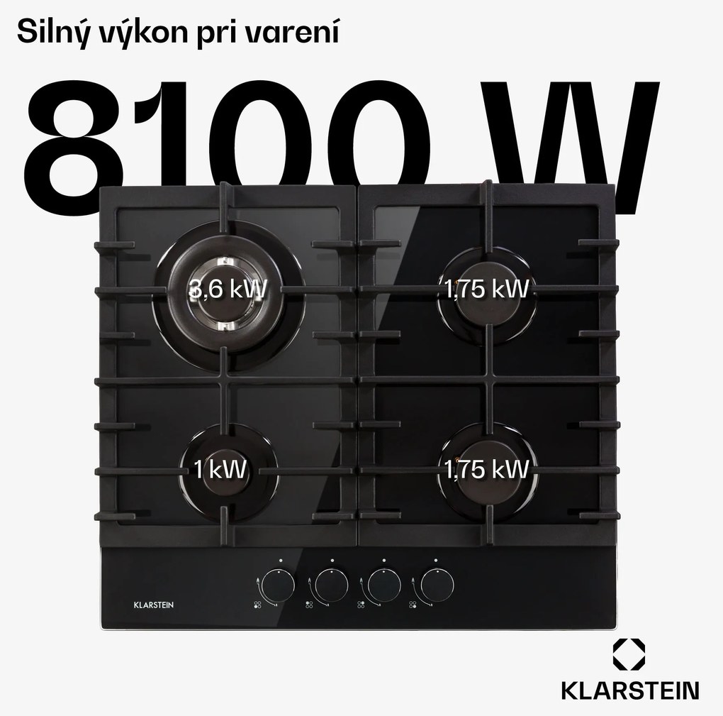 Klarstein Ignito 4, plynová varná doska, 4 Sabaf horáky, sklokeramika, čierna