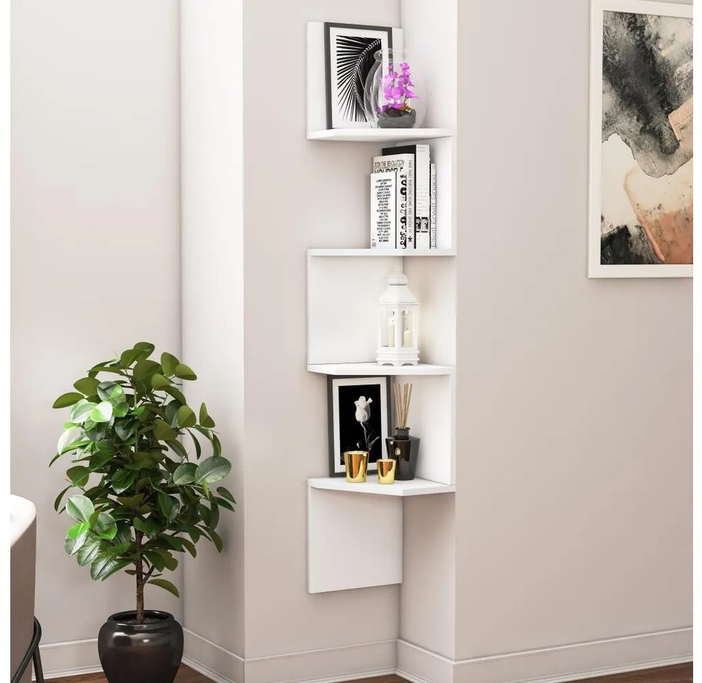 Rohová nástenná polica DESALDO 155,2x29,6 cm biela