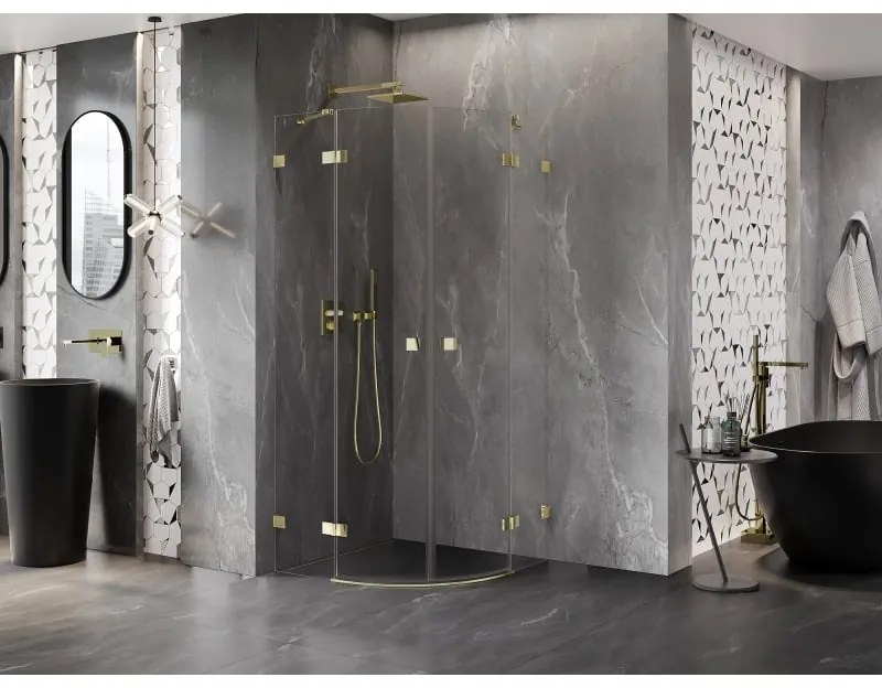Mexen Lunar, polkruhový výklopný sprchový kút 90 x 90 cm, 8mm číre sklo, zlatý profil, 833-090L-090P-50-00