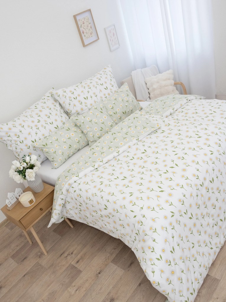 Predĺžené bavlnené obliečky Renforcé - Sedmokrásky sivozelené/biele