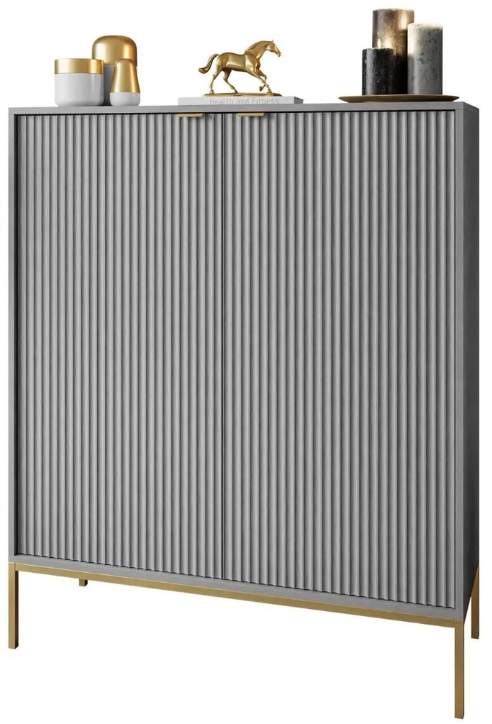 KOMODA VYSOKÁ VIGGO ŠEDÁ + ZLATÝ PODSTAVEC 104 cm