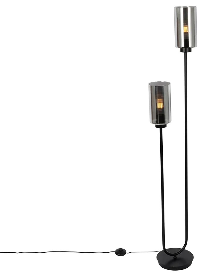Art Deco stojaca lampa čierna s dymovým sklom 2-svetlo - Laura