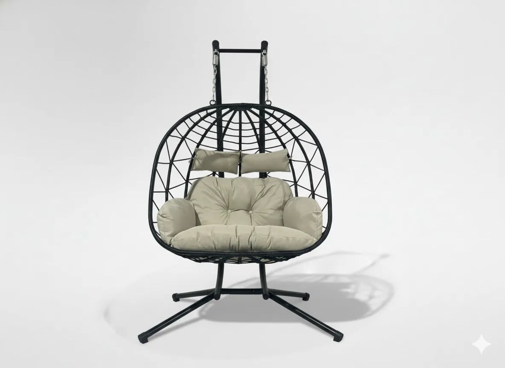 CH LUVO ČIERNA DVOJITÁ SKLADACIA ZÁVESNÁ STOLIČKA, VANKÚŠ – SVETLOŠEDÁ, RÁM – ČIERNY