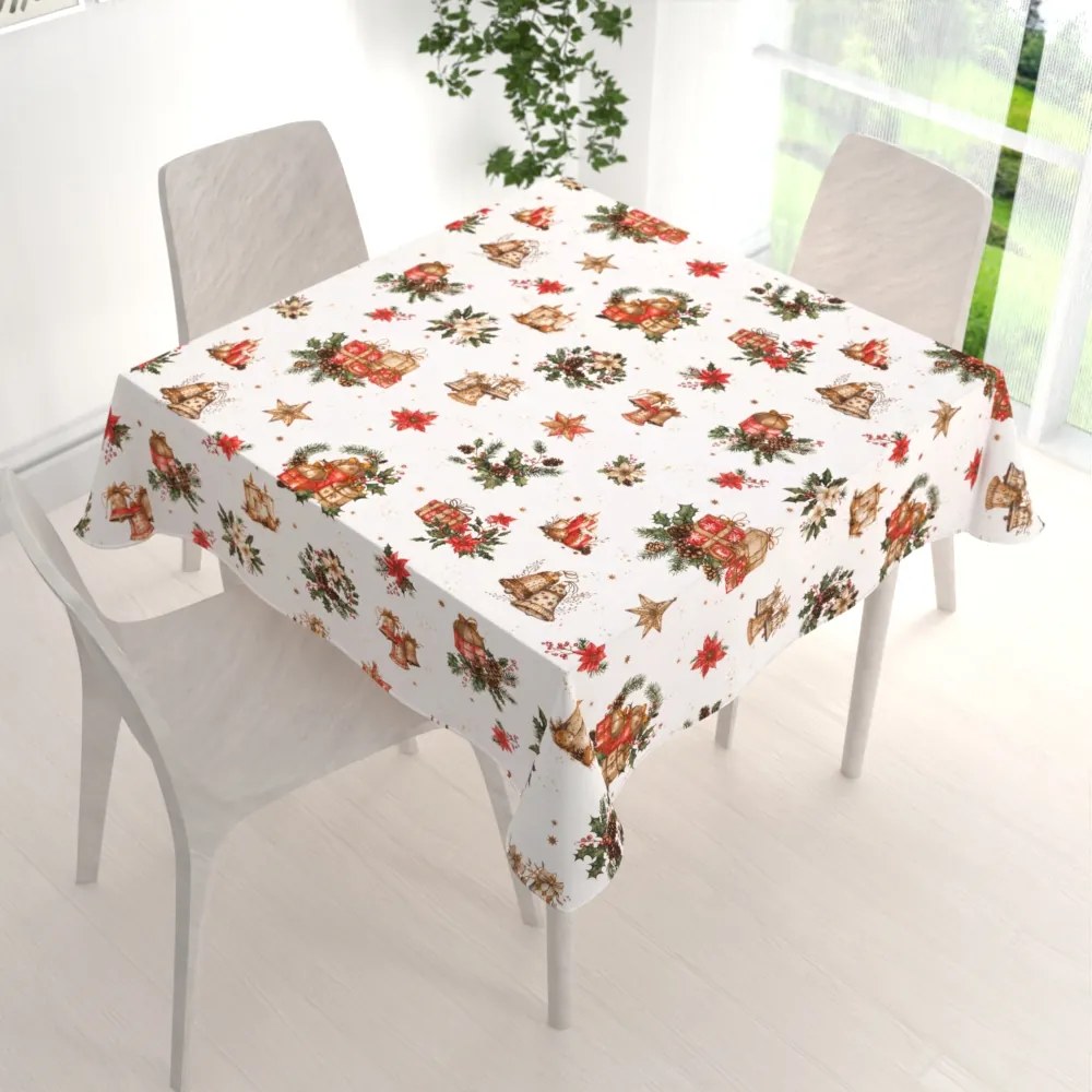 Biante Vianočný bavlnený štvorcový obrus Sandra SA-515 Vianočné hviezdy a ozdoby na bielom 140x140 cm