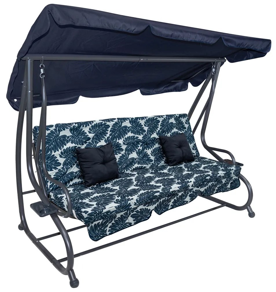 Záhradná hojdačka so strieškou, skladacia 2x1 so vzorom listov, námornícka modrá