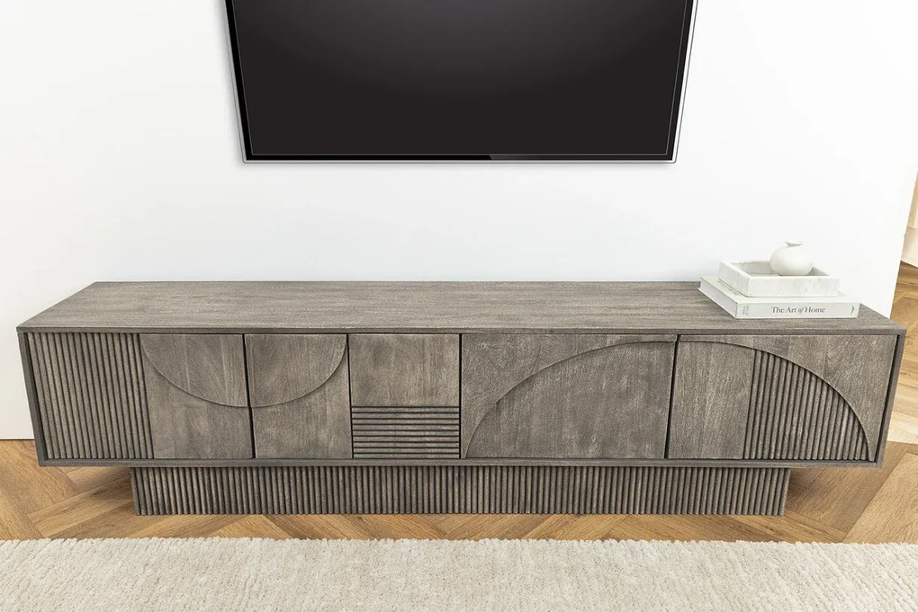 ART DECO tv komoda 200 cm 3D mangové drevo, dymová sivá