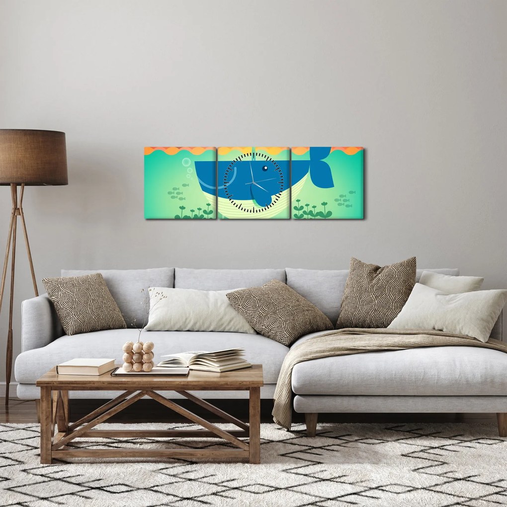 Obraz - Veselá veľryba v mori (s hodinami) (90x30 cm)